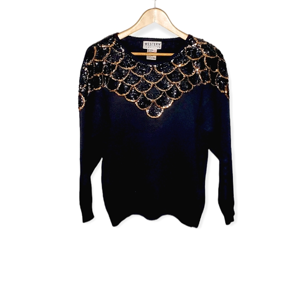 Shining Sequins Black and Gold Scalloped 80s Style Sweater